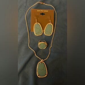 Gen Stone Panel Pure Silver Plated Turquoise 3 Piece Set.. New Not in Box..